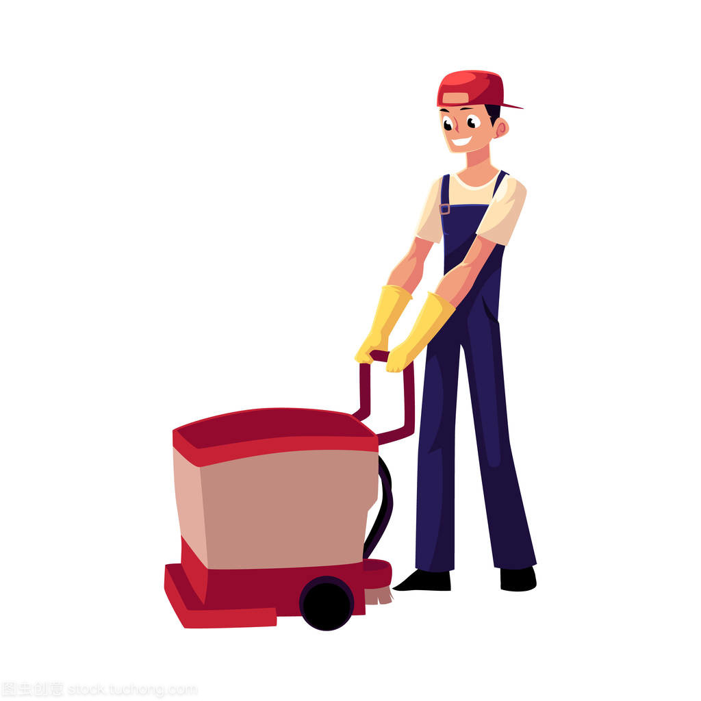 清潔服務(wù)男孩,男人用地板清洗機前, 視圖